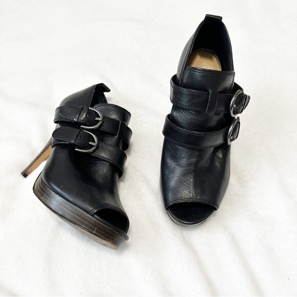 Coach Alexia black leather peep toe heels pumps size 8 sandals buckle - Picture 1 of 10